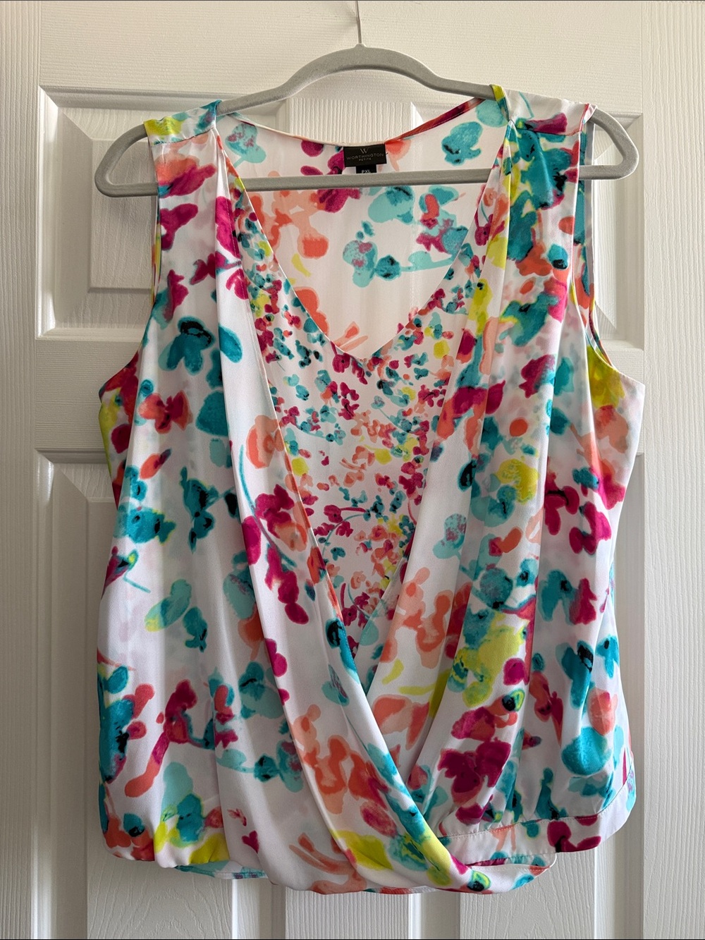 Worthington White Multicolor Watercolor Faux-Wrap Camisole